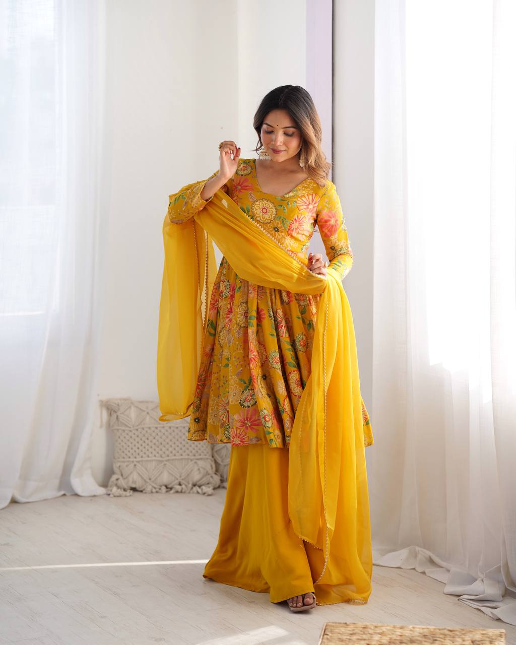 Sunflower Yellow Floral Peplum Kurta with Sharara & Dupatta – Vibrant Festive Wear AllTreandy