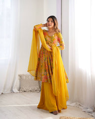 Sunflower Yellow Floral Peplum Kurta with Sharara & Dupatta – Vibrant Festive Wear AllTreandy