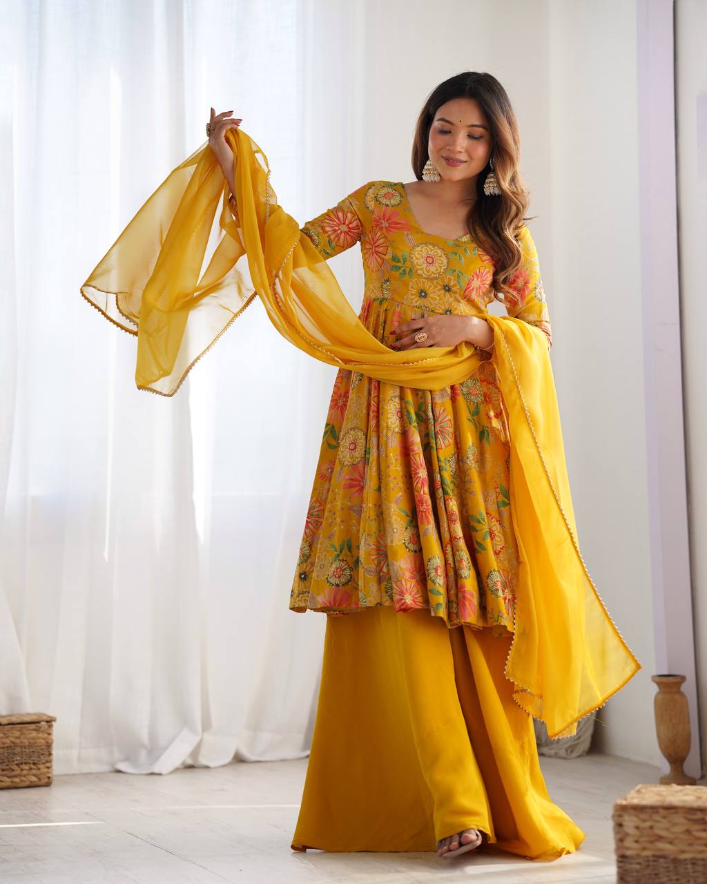 Mustard Yellow Floral Kurta with Palazzo & Dupatta – Festive Sharara Suit Set