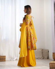 Sunflower Yellow Floral Peplum Kurta with Sharara & Dupatta – Vibrant Festive Wear AllTreandy