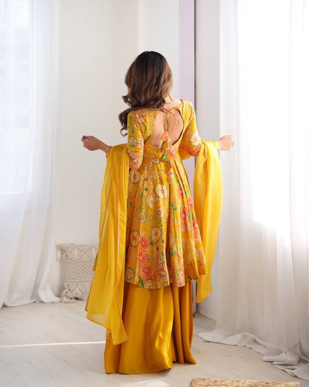 Sunflower Yellow Floral Peplum Kurta with Sharara & Dupatta – Vibrant Festive Wear AllTreandy