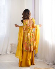 Sunflower Yellow Floral Peplum Kurta with Sharara & Dupatta – Vibrant Festive Wear AllTreandy