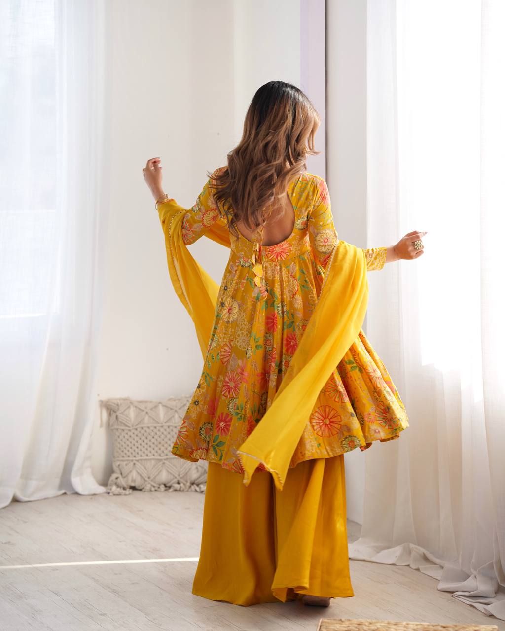 Sunflower Yellow Floral Peplum Kurta with Sharara & Dupatta – Vibrant Festive Wear AllTreandy